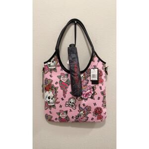 NWT Ed Hardy Pink Skull & Floral Tote Bag with Matching Umbrella Set